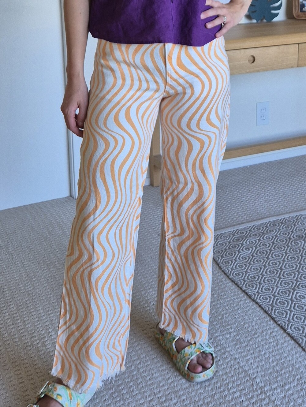 Zara White & Orange Wave-Print Wide Leg Pants - Picture 2 of 5